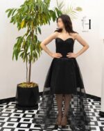 لباس مجلسی مشکی مدل «بلک رز» (Black Rose) با دامن تور بلند نامتقارن
