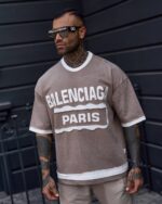 تیشرت قهوه‌ای اسپرت BALENCIAGA PARIS استریت‌ویر – طراحی لایه‌ای خاص