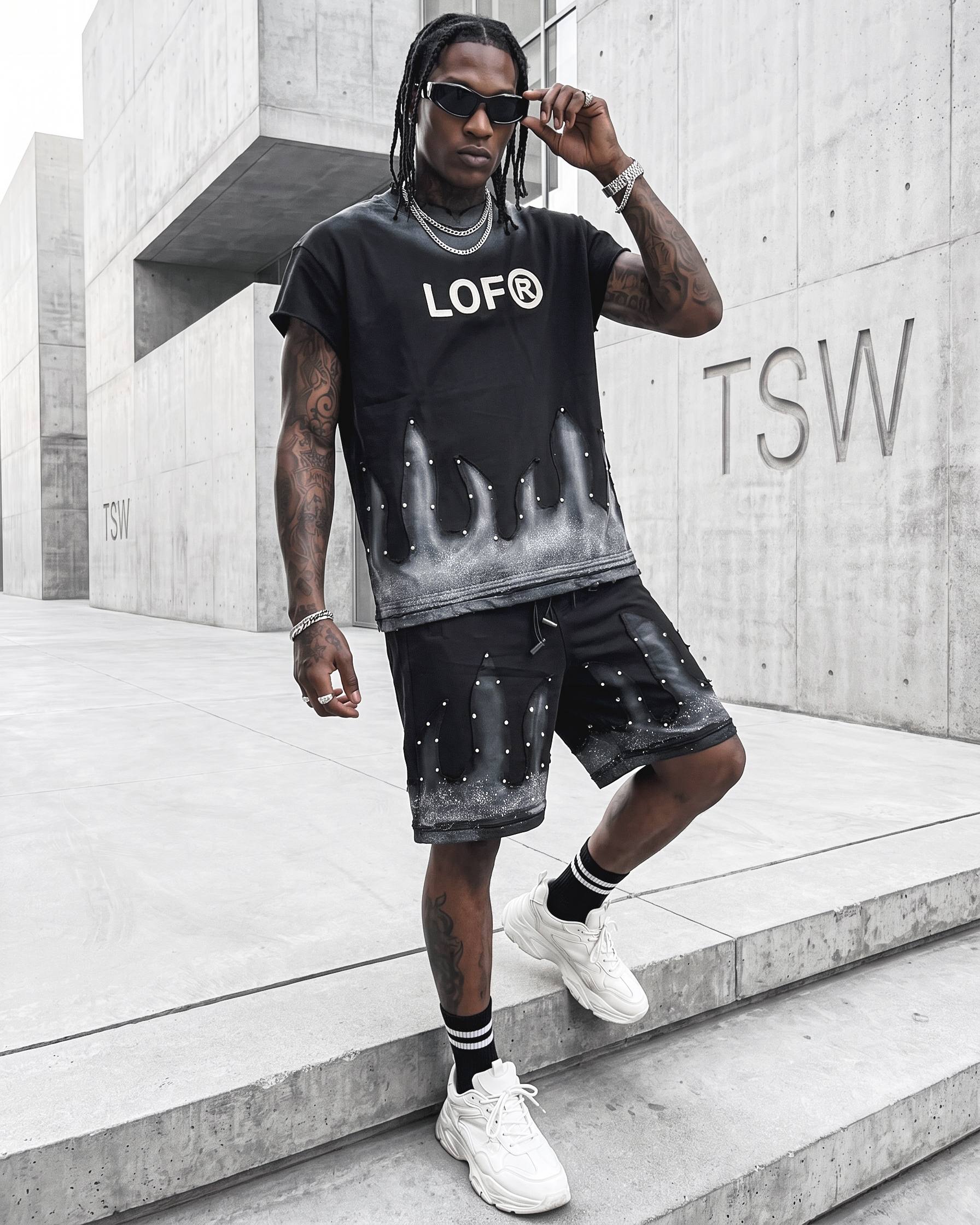 ست تیشرت و شلوارک مردانه مشکی مدل Flame (1) 🖤 ست تیشرت و شلوارک مردانه مشکی مدل Flame - Image 1