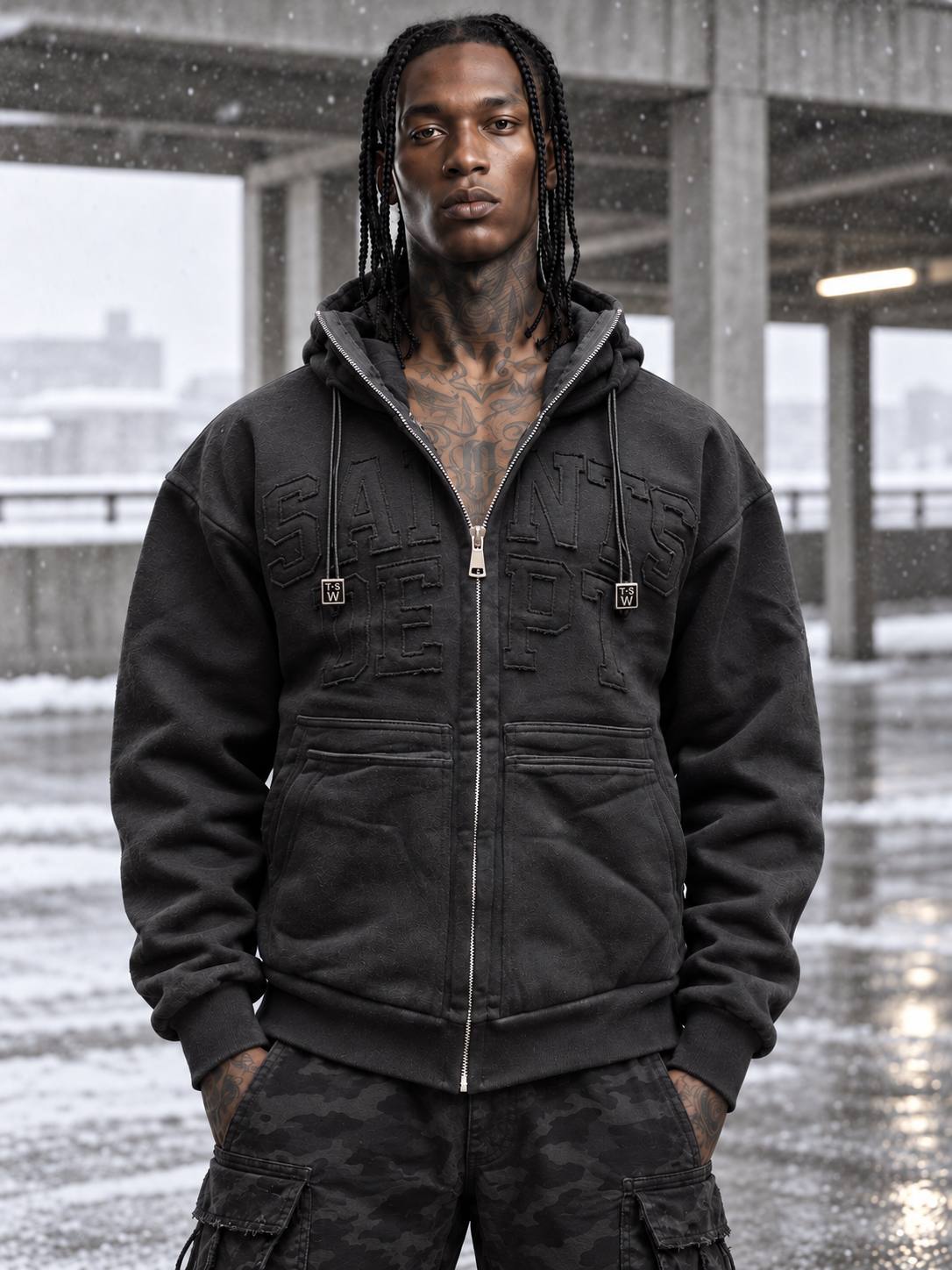 2377 (2) هودی زیپدار استریتویر Saints Dept مدل Full-Zip Masked Black (مشکی وینتیج) - Image 1