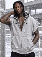 هودی حلقه آستین زیپ‌دار زاپ‌دار مدل Raw-Edge Camo Hood (طوسی روشن) - Image 3