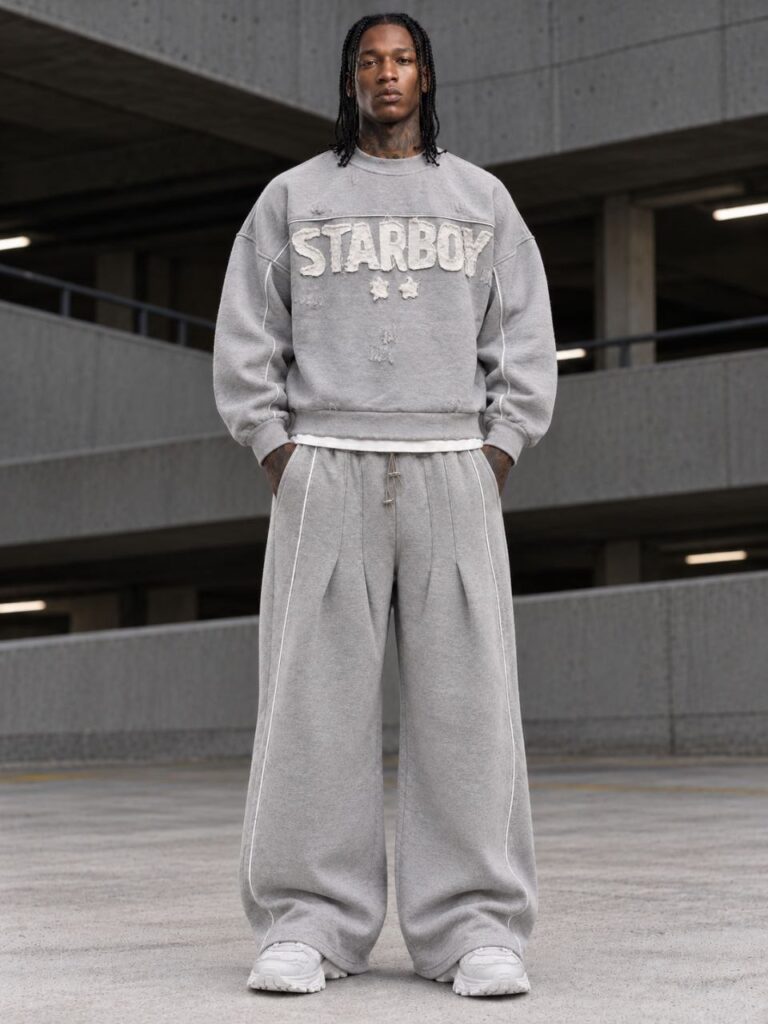 ست دورس و شلوار بگ طوسی طرح STARBOY با وصله‌دوزی و نوار دور - نمای جلو کامل