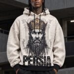 هودی اورسایز کرمی طرح PERSIA پادشاه پارسی با پرچ و چاپ پشت GREAT PERSIA GLORY - نمای جلو